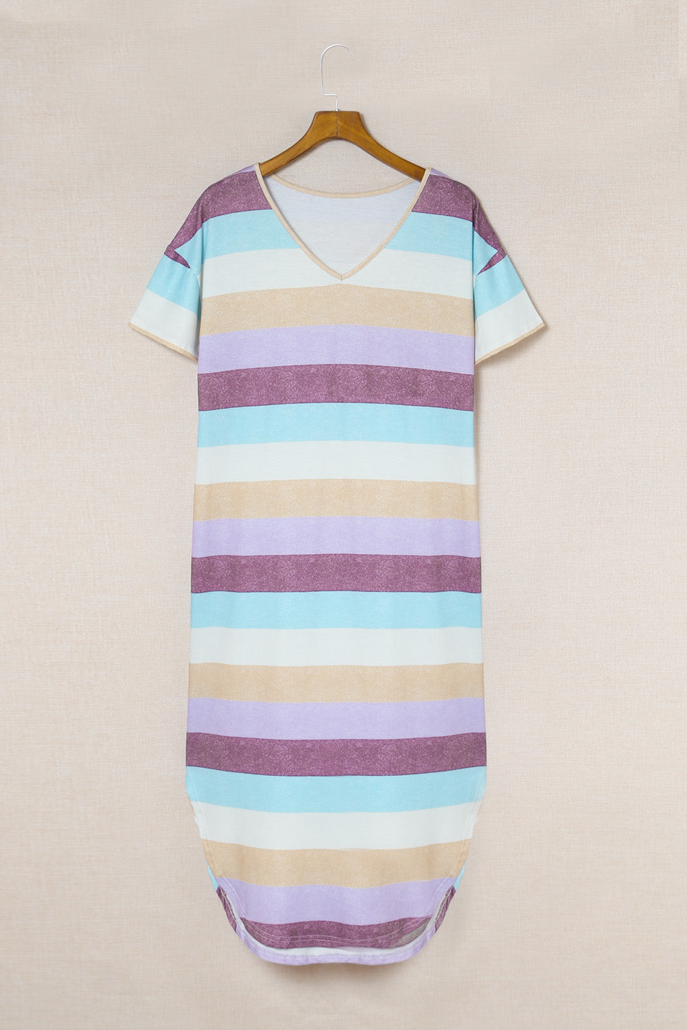 Women's Relaxed Fit Style Striped V Neck T Shirt Midi Dress