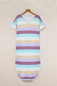 Women's Relaxed Fit Style Striped V Neck T Shirt Midi Dress