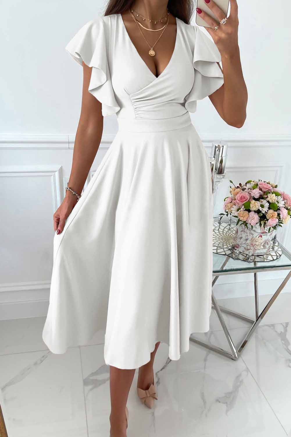 Women's Ruffled Sleeve Wrap V Neck Trip Prom Club Midi Dress