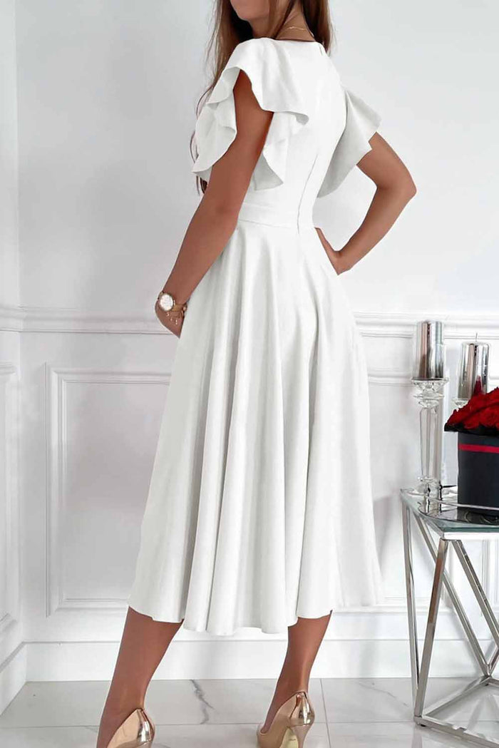 Women's Ruffled Sleeve Wrap V Neck Trip Prom Club Midi Dress