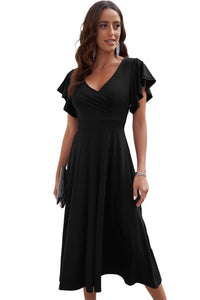 Women's Ruffled Sleeve Wrap V Neck Trip Prom Club Midi Dress