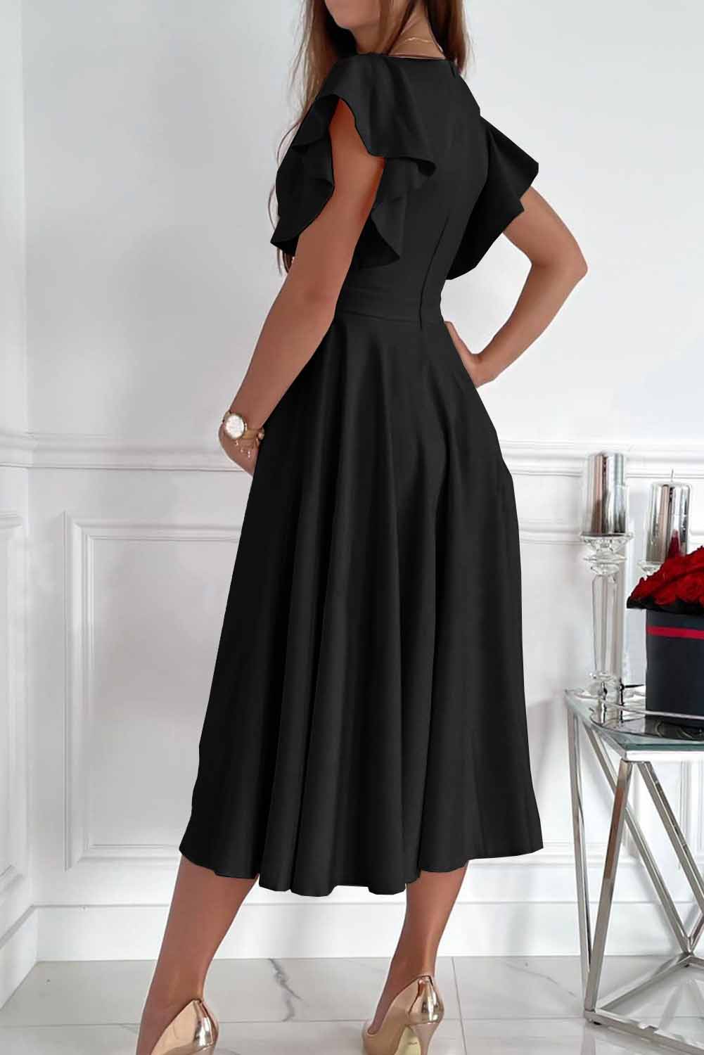 Women's Ruffled Sleeve Wrap V Neck Trip Prom Club Midi Dress