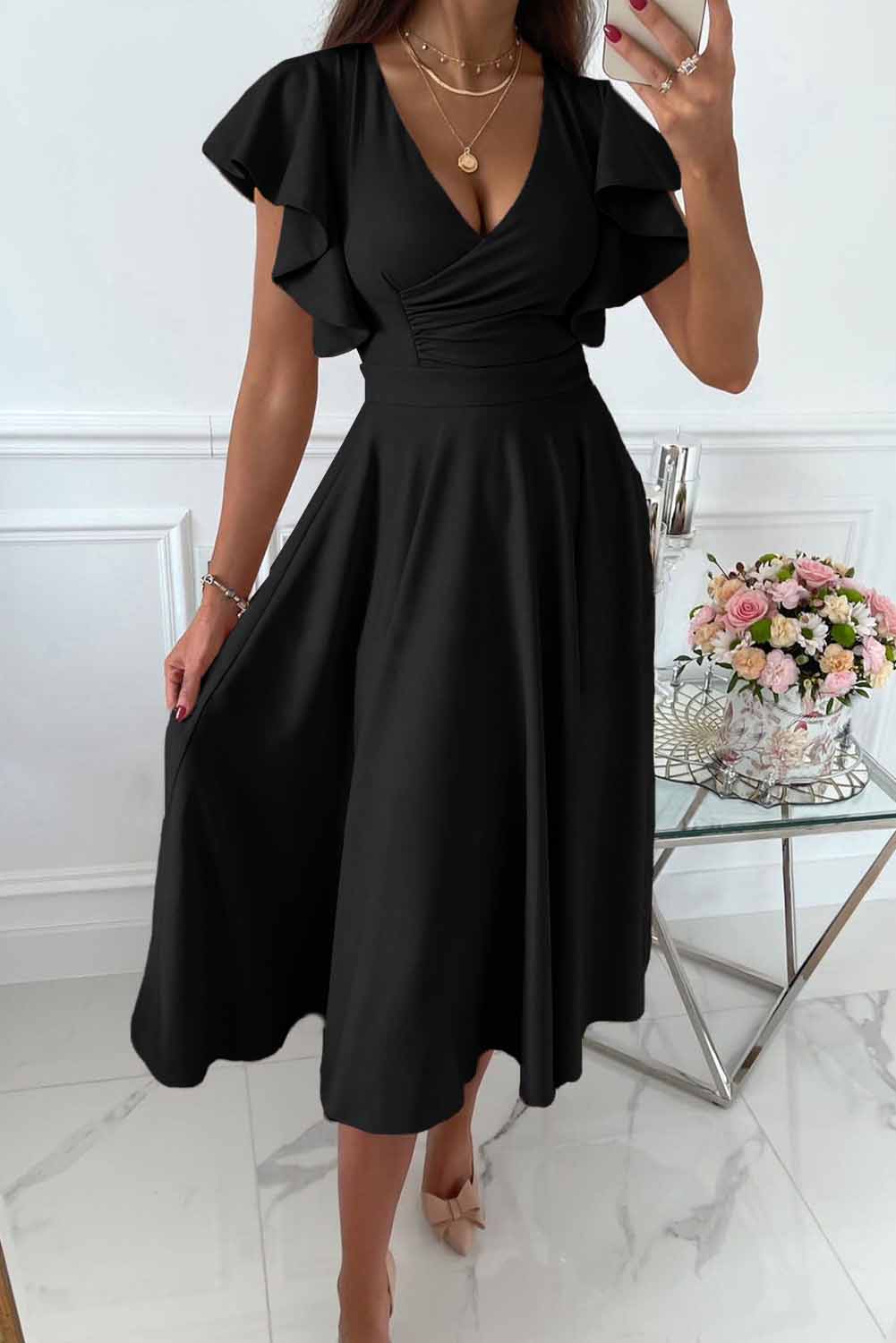 Women's Ruffled Sleeve Wrap V Neck Trip Prom Club Midi Dress