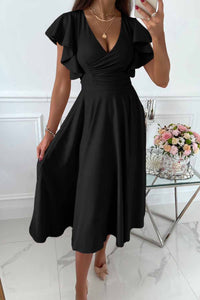 Women's Ruffled Sleeve Wrap V Neck Trip Prom Club Midi Dress