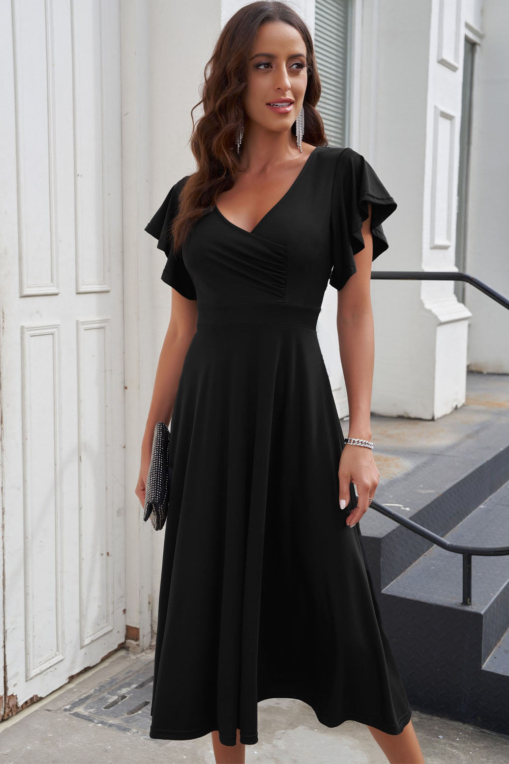 Women's Ruffled Sleeve Wrap V Neck Trip Prom Club Midi Dress