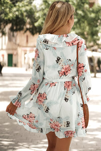 Women's Ruffled V Neck Long Sleeve Floral Mini Dress