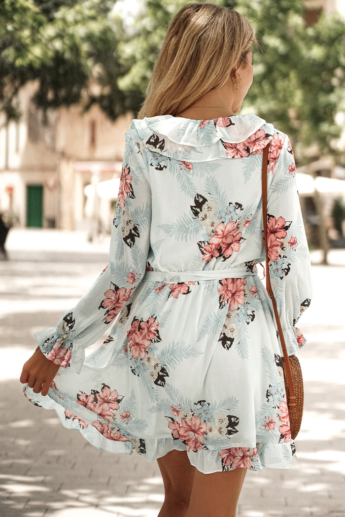 Women's Ruffled V Neck Long Sleeve Floral Mini Dress