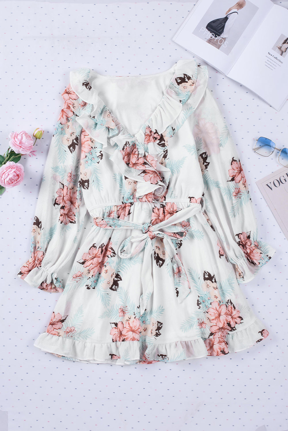 Women's Ruffled V Neck Long Sleeve Floral Mini Dress