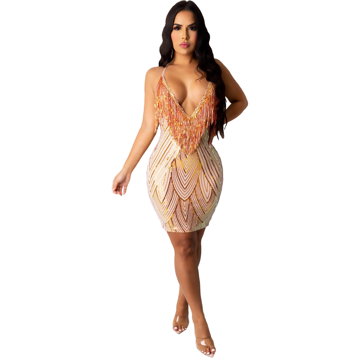 Women's Sexy Sling Sequin Tassel Evening Mini Dress