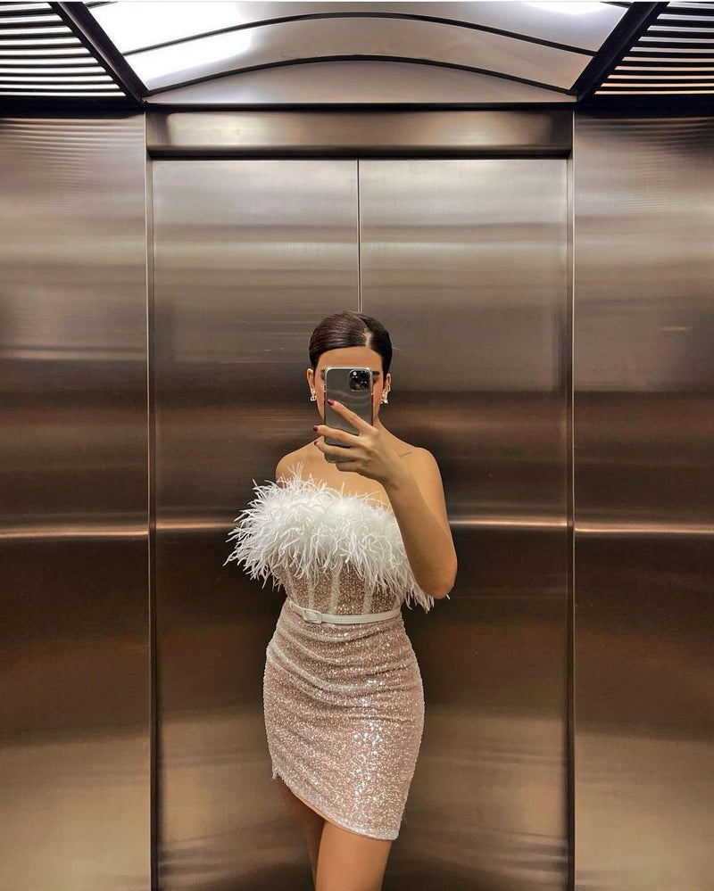 Women's Short Dress High Waist Sexy Sequin Dress One Shoulder Feather Dress