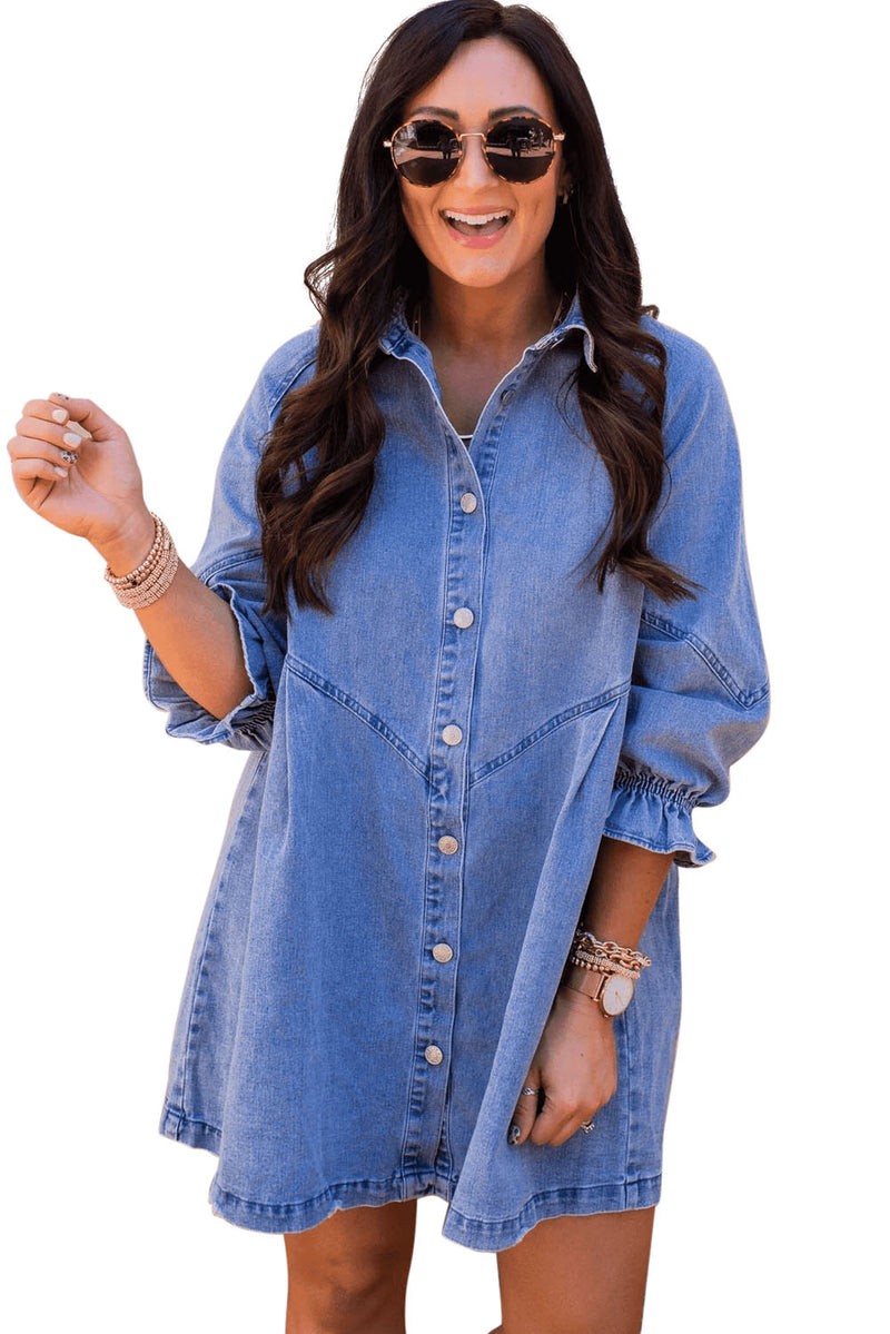 Women's Sky Blue Buttoned Long Sleeve Denim Mini Dress