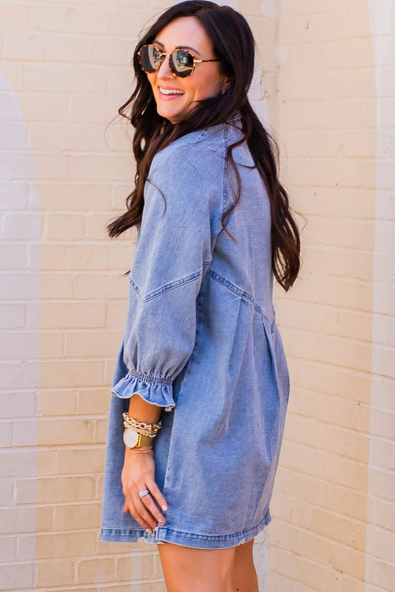 Women's Sky Blue Buttoned Long Sleeve Denim Mini Dress