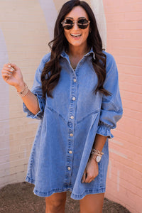 Women's Sky Blue Buttoned Long Sleeve Denim Mini Dress