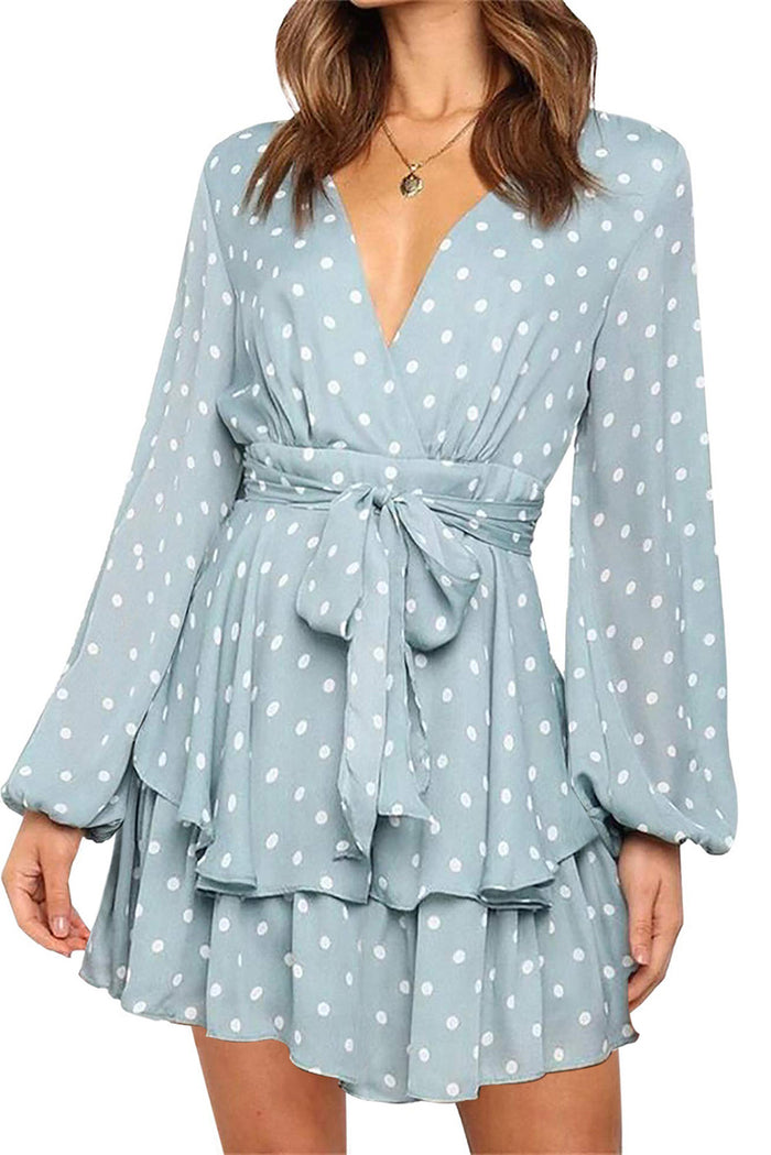 Women's V Neck Baggy Long Sleeve Waist Tie Double Layer Ruffle Hem Dotted Print Short Dress