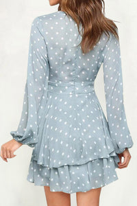 Women's V Neck Baggy Long Sleeve Waist Tie Double Layer Ruffle Hem Dotted Print Short Dress