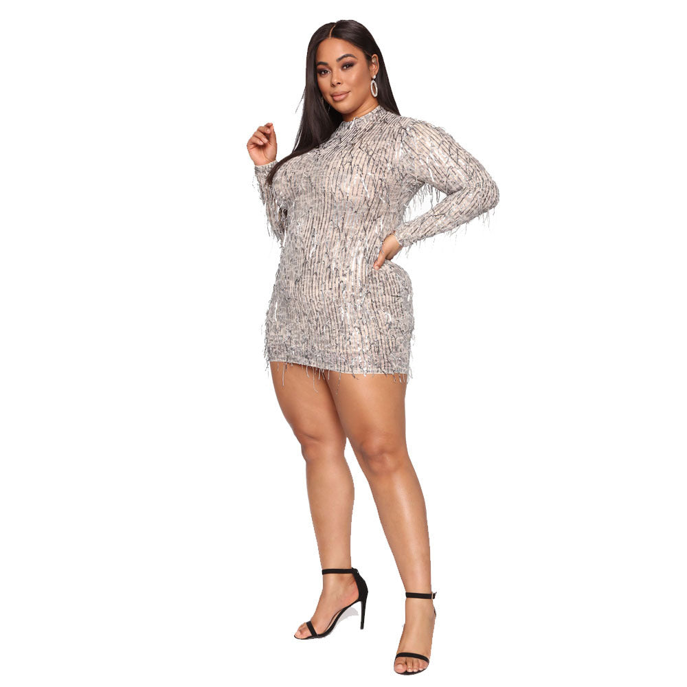 Women's Slim High Neck Sequined Tassel Cover Hip Evening Party Plus Size Dress