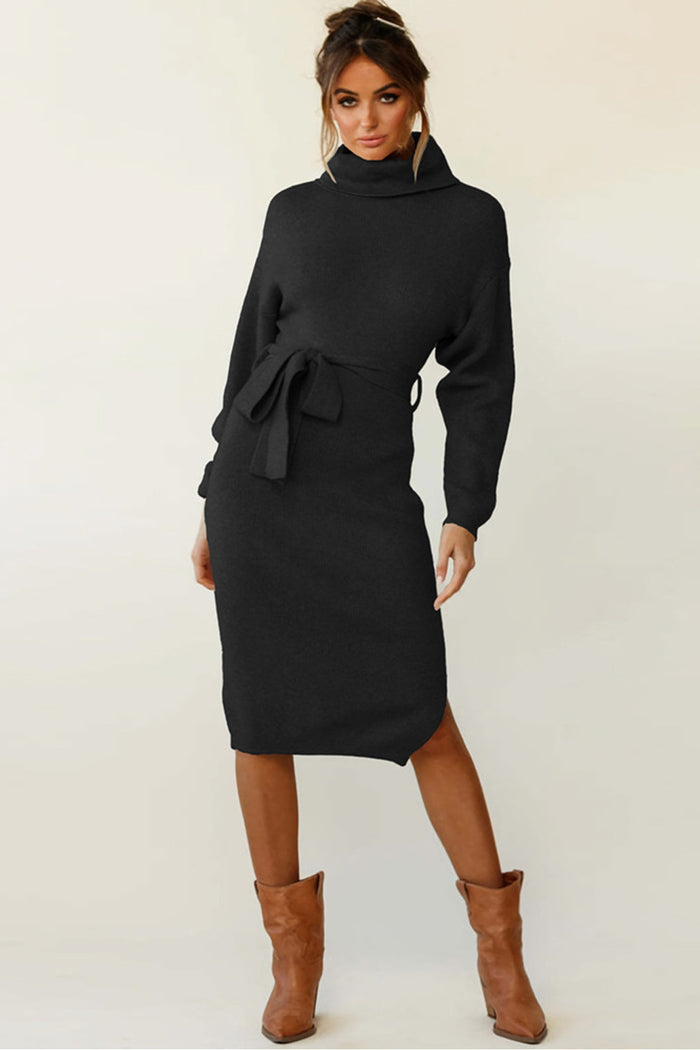 Women's Stand Collar Tie Knit Dress Sweater Turtleneck Bottoming Dress