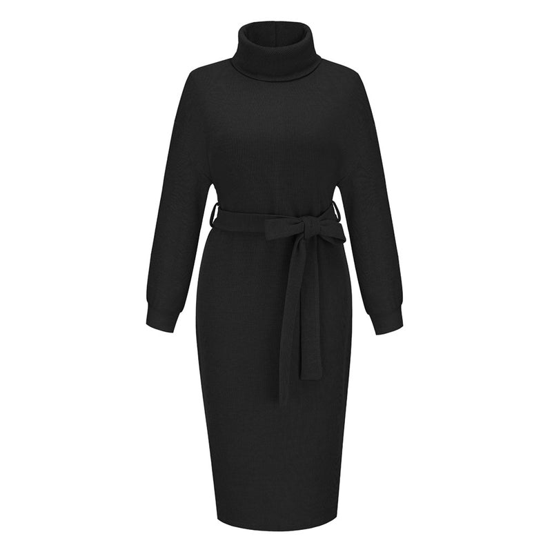 Women's Stand Collar Tie Knit Dress Sweater Turtleneck Bottoming Dress