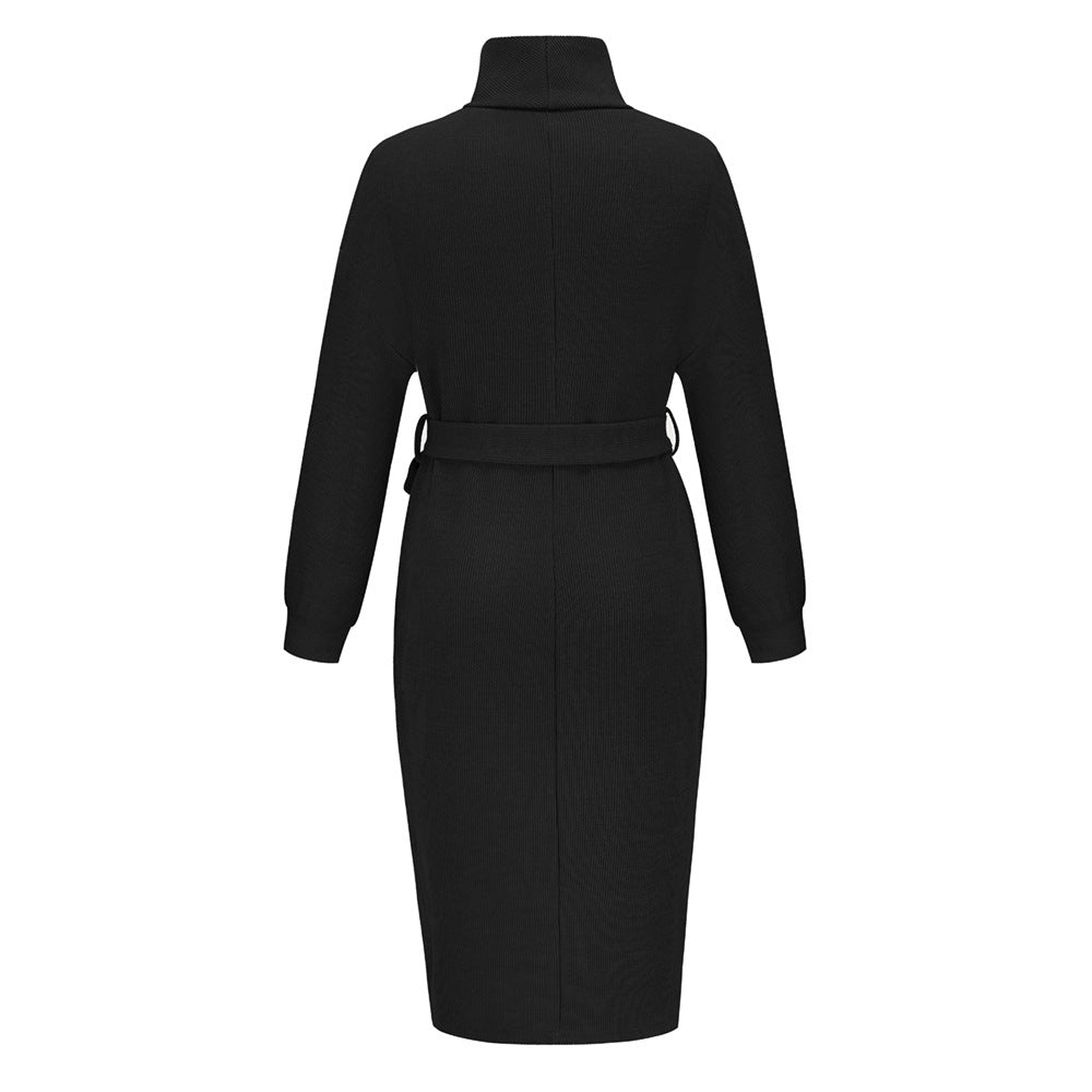 Women's Stand Collar Tie Knit Dress Sweater Turtleneck Bottoming Dress