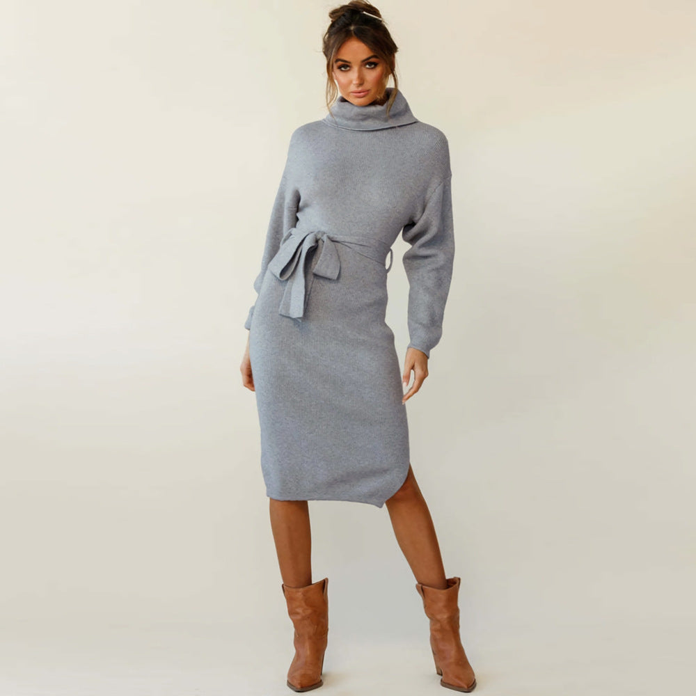 Women's Stand Collar Tie Knit Dress Sweater Turtleneck Bottoming Dress