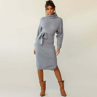 Women's Stand Collar Tie Knit Dress Sweater Turtleneck Bottoming Dress