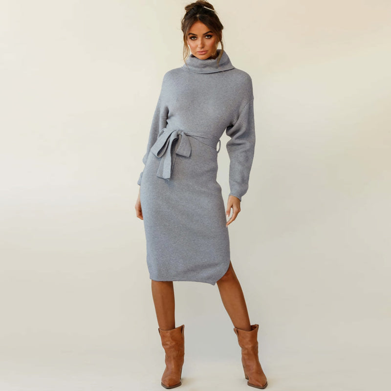 Women's Stand Collar Tie Knit Dress Sweater Turtleneck Bottoming Dress