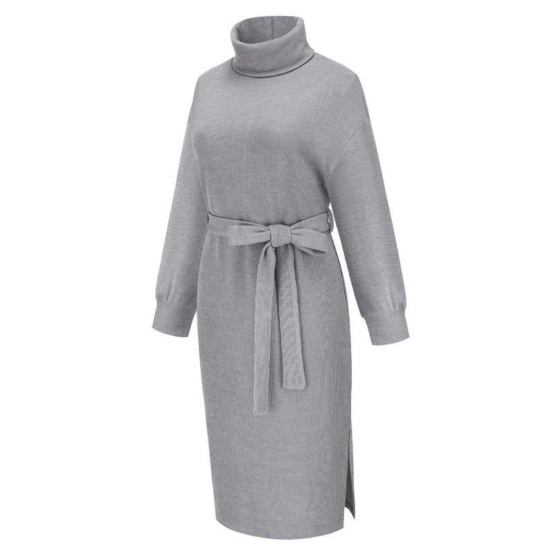 Women's Stand Collar Tie Knit Dress Sweater Turtleneck Bottoming Dress