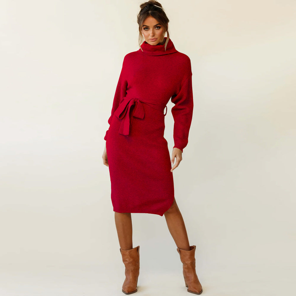 Women's Stand Collar Tie Knit Dress Sweater Turtleneck Bottoming Dress