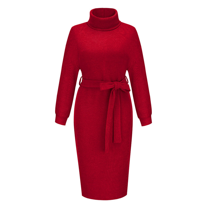 Women's Stand Collar Tie Knit Dress Sweater Turtleneck Bottoming Dress