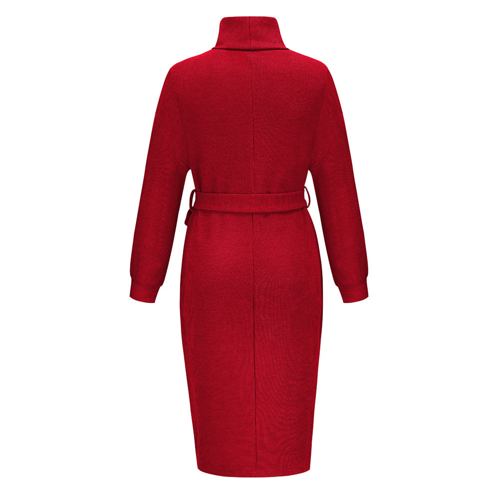 Women's Stand Collar Tie Knit Dress Sweater Turtleneck Bottoming Dress