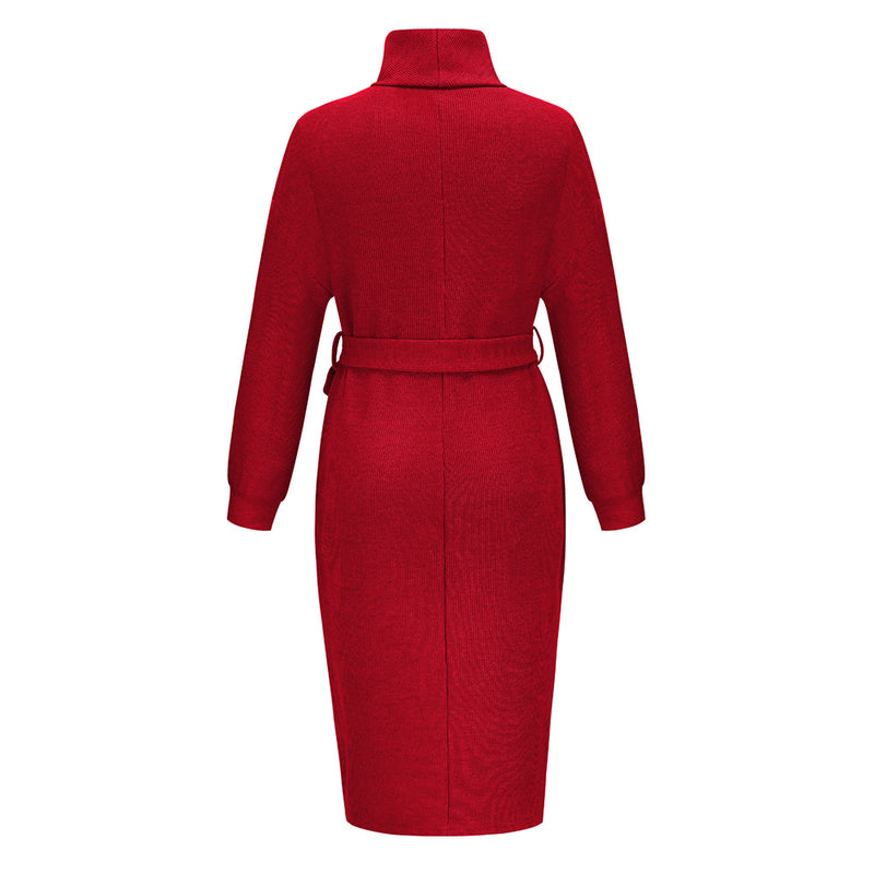 Women's Stand Collar Tie Knit Dress Sweater Turtleneck Bottoming Dress