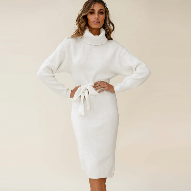 Women's Stand Collar Tie Knit Dress Sweater Turtleneck Bottoming Dress