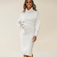 Women's Stand Collar Tie Knit Dress Sweater Turtleneck Bottoming Dress