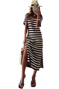 Women's Stripe Print V Neck  T-Shirt Midi Dress with Side Splits