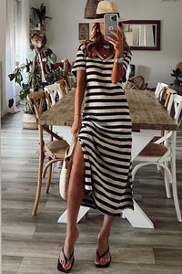 Women's Stripe Print V Neck  T-Shirt Midi Dress with Side Splits