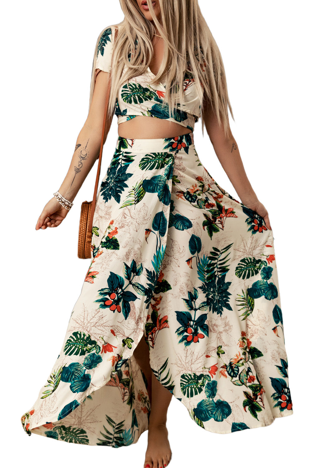 Women's Tropical Print Crop Top and Short Sleeve Slit Maxi Skirt Two-Piece Set