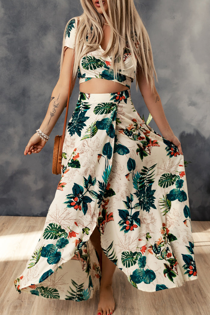 Women's Tropical Print Crop Top and Short Sleeve Slit Maxi Skirt Two-Piece Set