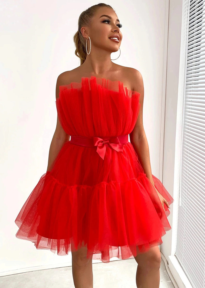 Women's Tube Top Mesh Temperament Bow Tutu Dress