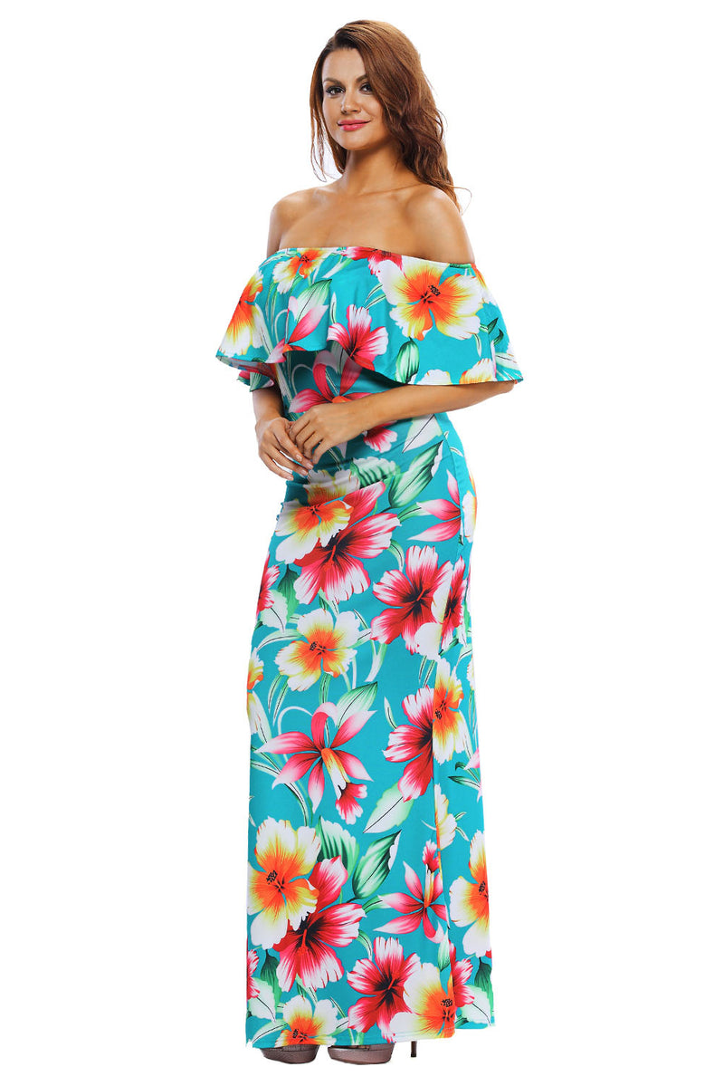 Women's Turquoise Roses Print Off-the-shoulder Maxi Dress Ruffle Design