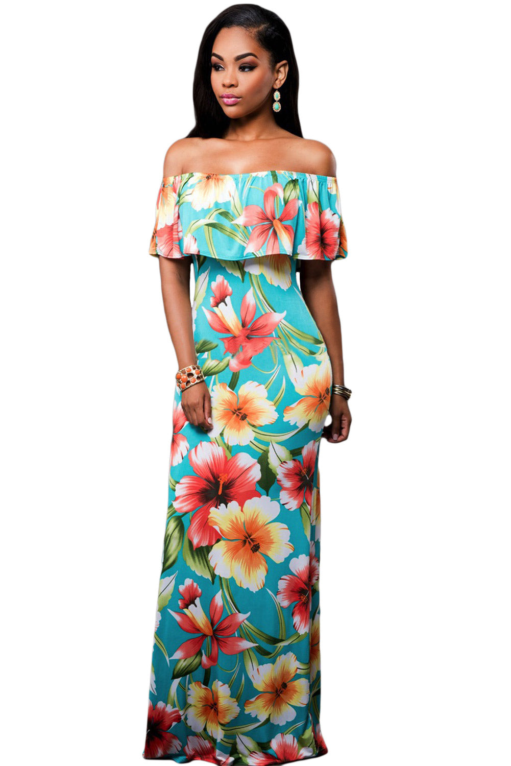 Women's Turquoise Roses Print Off-the-shoulder Maxi Dress Ruffle Design