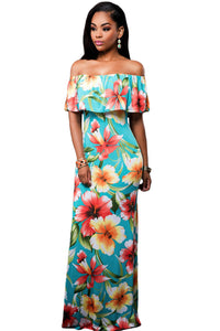 Women's Turquoise Roses Print Off-the-shoulder Maxi Dress Ruffle Design