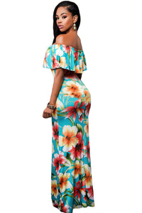 Women's Turquoise Roses Print Off-the-shoulder Maxi Dress Ruffle Design