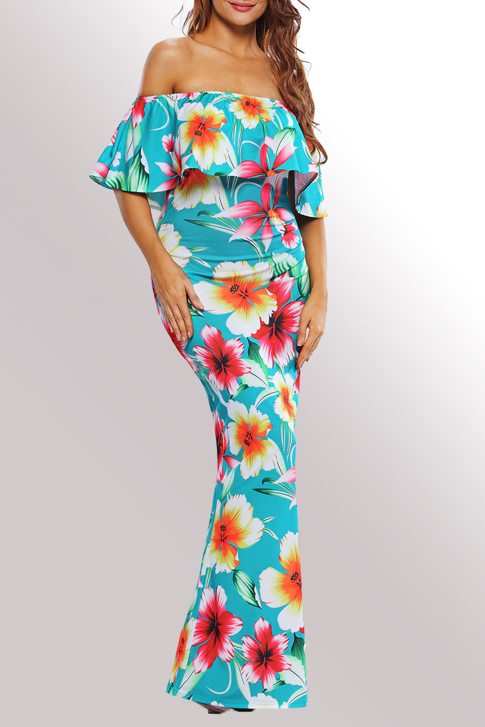 Women's Turquoise Roses Print Off-the-shoulder Maxi Dress Ruffle Design