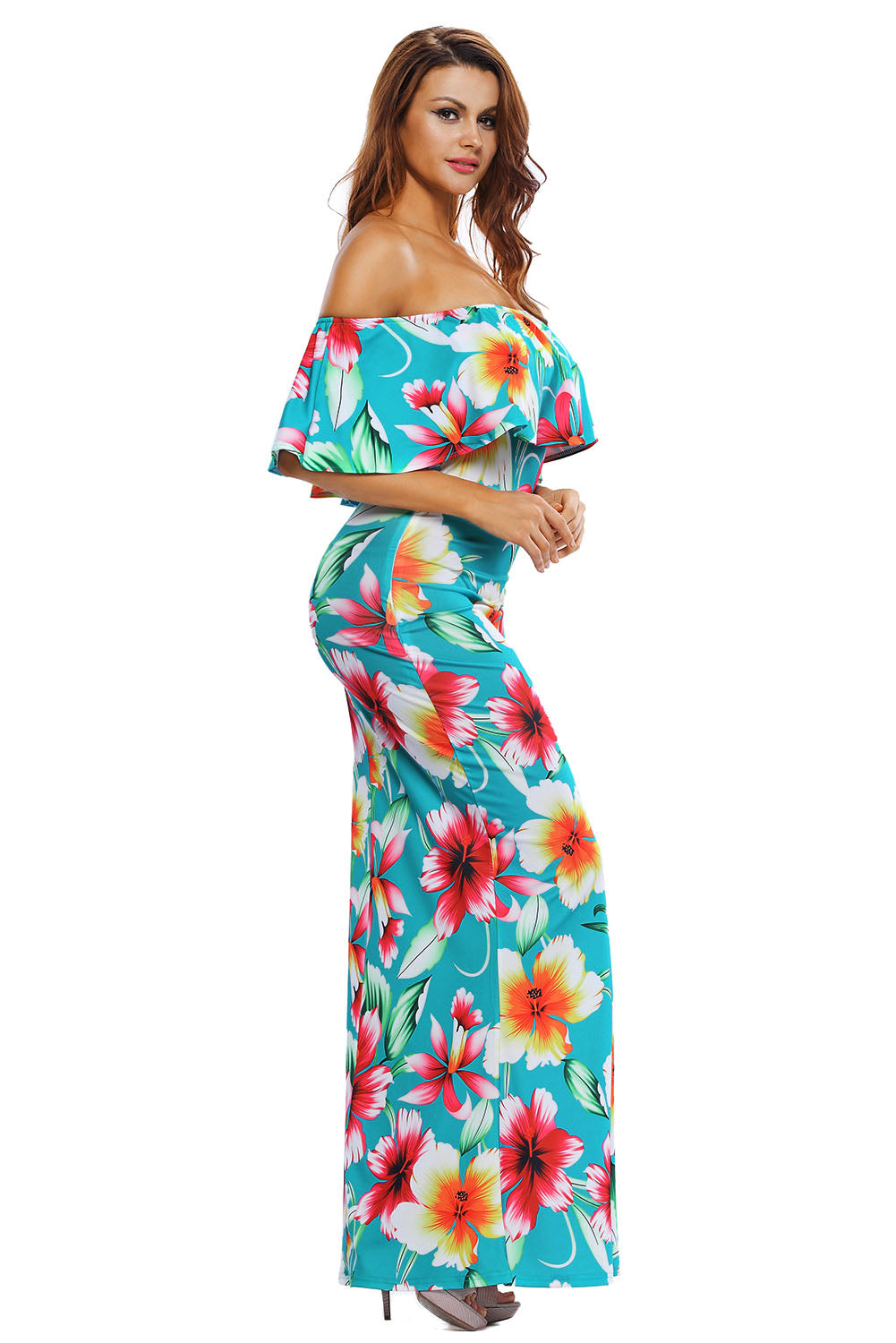 Women's Turquoise Roses Print Off-the-shoulder Maxi Dress Ruffle Design