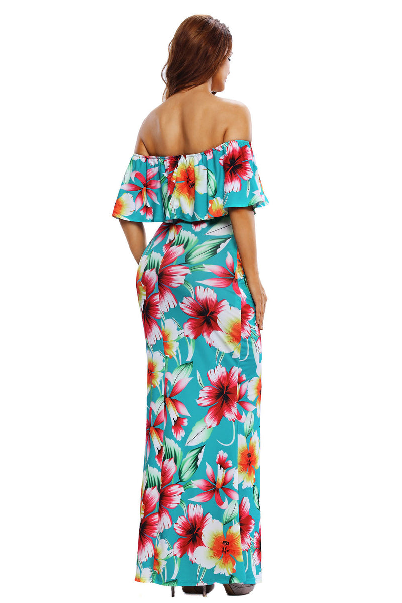 Women's Turquoise Roses Print Off-the-shoulder Maxi Dress Ruffle Design