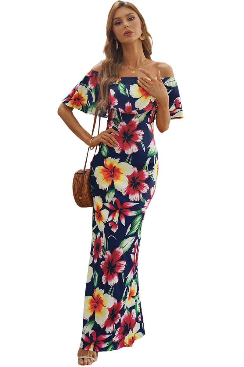 Women's Turquoise Roses Print Off-the-shoulder Maxi Dress Ruffle Design