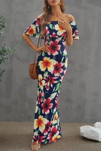 Women's Turquoise Roses Print Off-the-shoulder Maxi Dress Ruffle Design