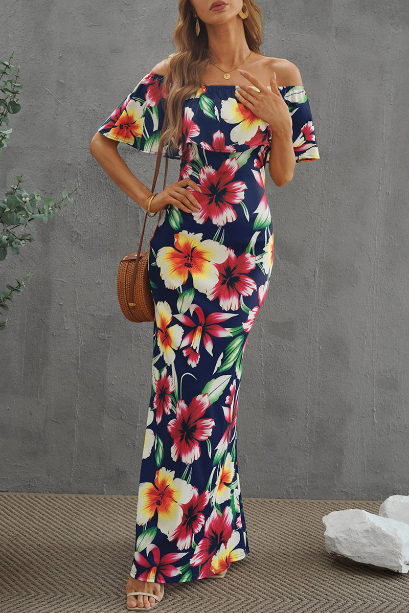 Women's Turquoise Roses Print Off-the-shoulder Maxi Dress Ruffle Design