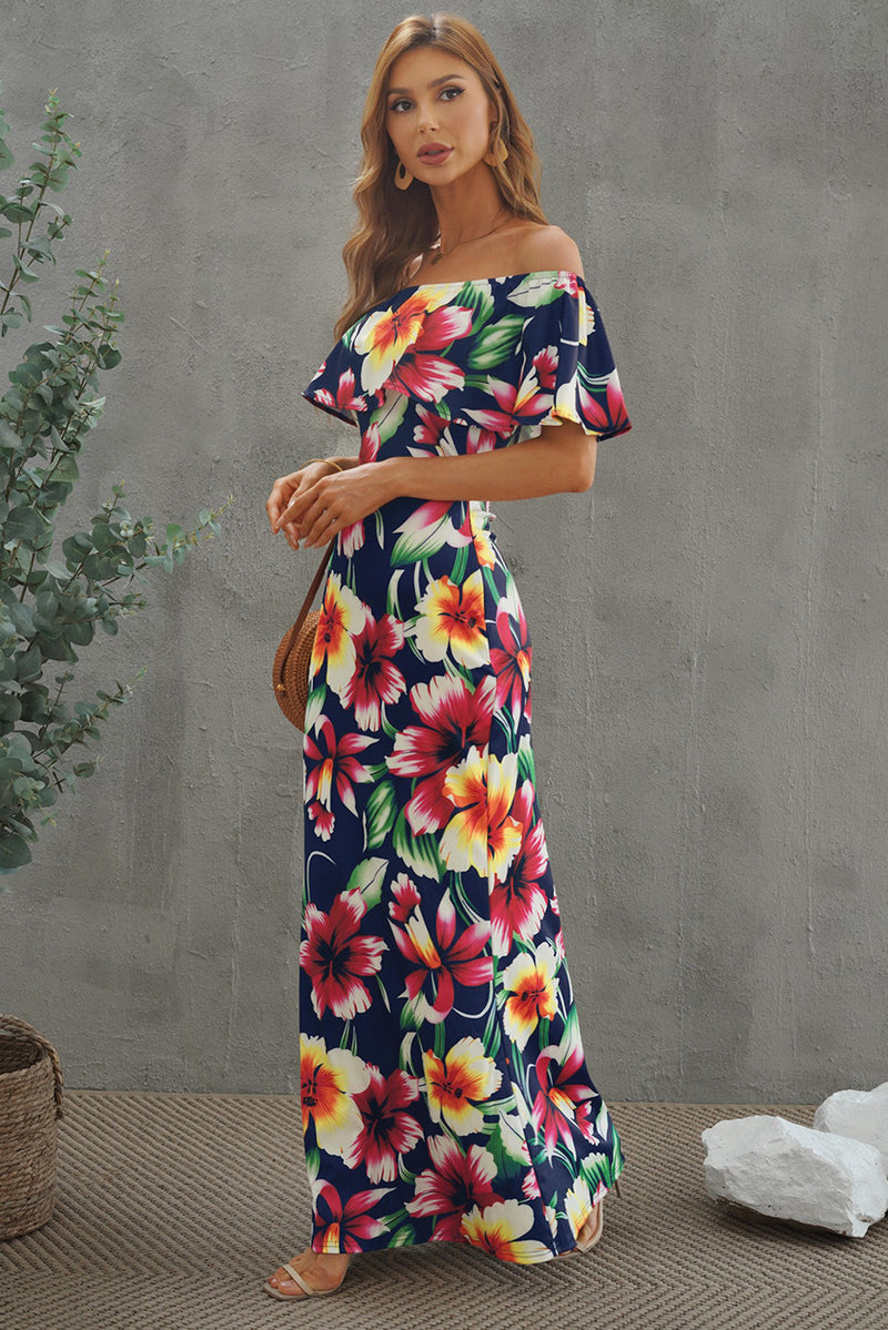 Women's Turquoise Roses Print Off-the-shoulder Maxi Dress Ruffle Design