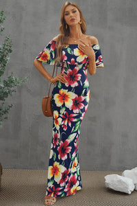 Women's Turquoise Roses Print Off-the-shoulder Maxi Dress Ruffle Design